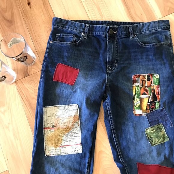 Upcycled Hippie Patchwork Jeans, Men’s Size 36/30: Handmade Bar Scene Patches - Picture 11 of 12